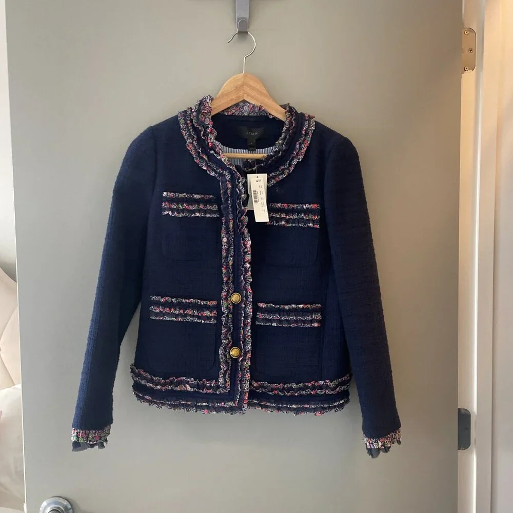 NWT J.Crew Cotton Tweed Lady Jacket Liberty Floral Trim Navy Size 0